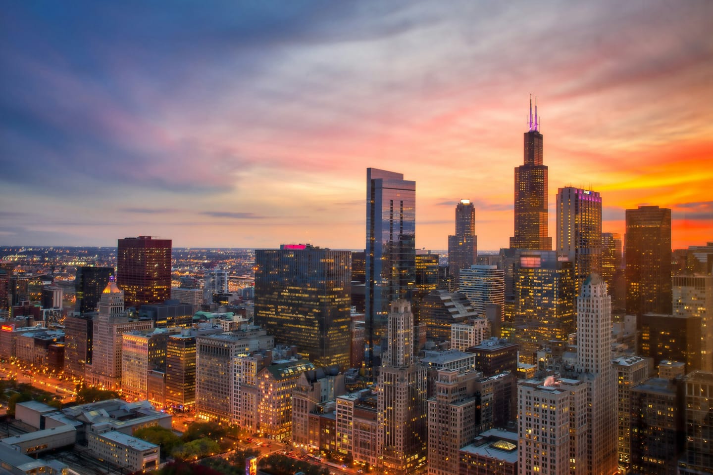 Downtown Chicago from above in the last of the evening light